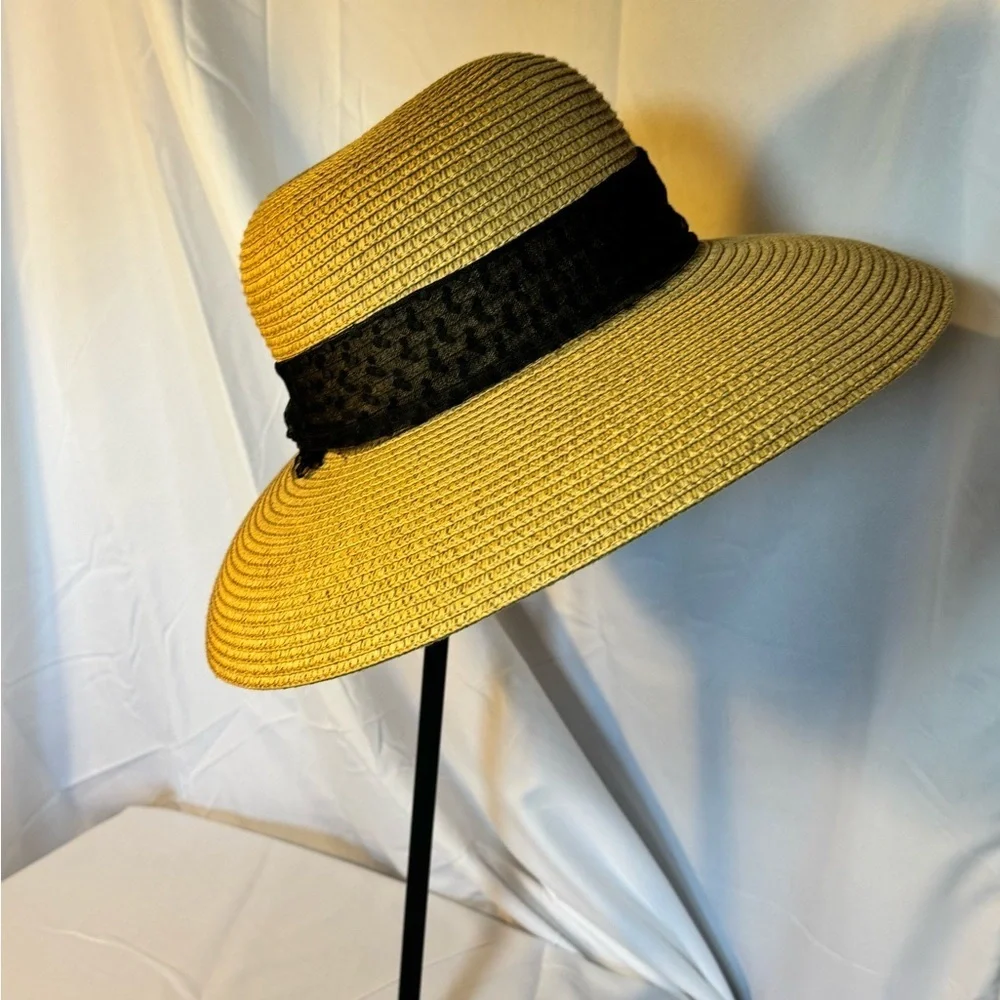 Tan & Black Wide Brim Woven Sun Hat, Elegant Resort Beach Hat
